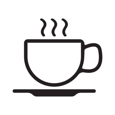 Bir fincan kahve ya da çay buharlı, vektör çizgisi simgesi siyah beyaz üzerine
