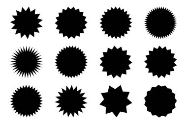 Bir dizi vektör yıldız patlaması, güneş patlaması rozetleri. Beyaz arka planda siyah simgeler. Basit düz stil vintage etiketleri, çıkartmalar.
