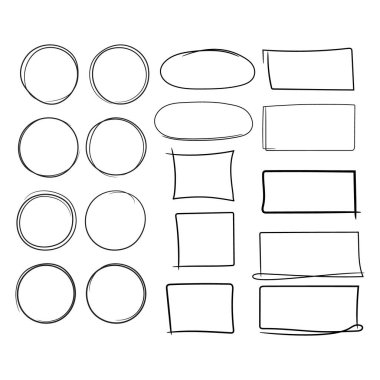 Kareler kümesi: dikdörtgenler, kareler, daireler, elipsler. El çizimi stili, karalama, çizim, vektör çizimi.
