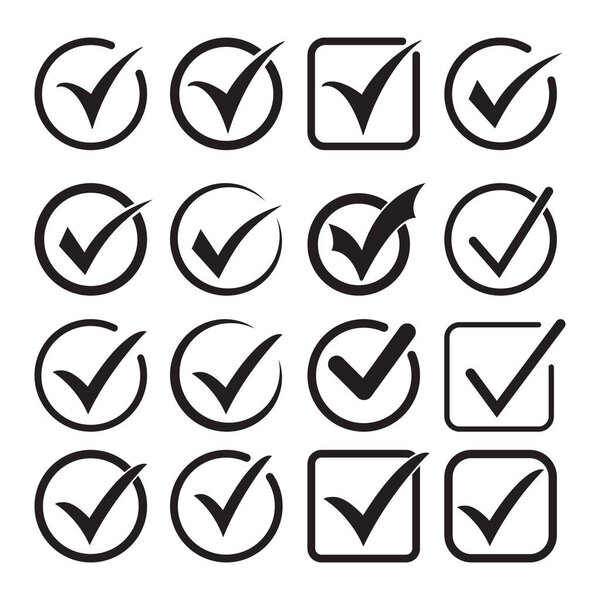 Tick icon icon vector symbol, checkmark isolated on white background, checked icon or correct choice sign, check mark or checkbox pictogram
