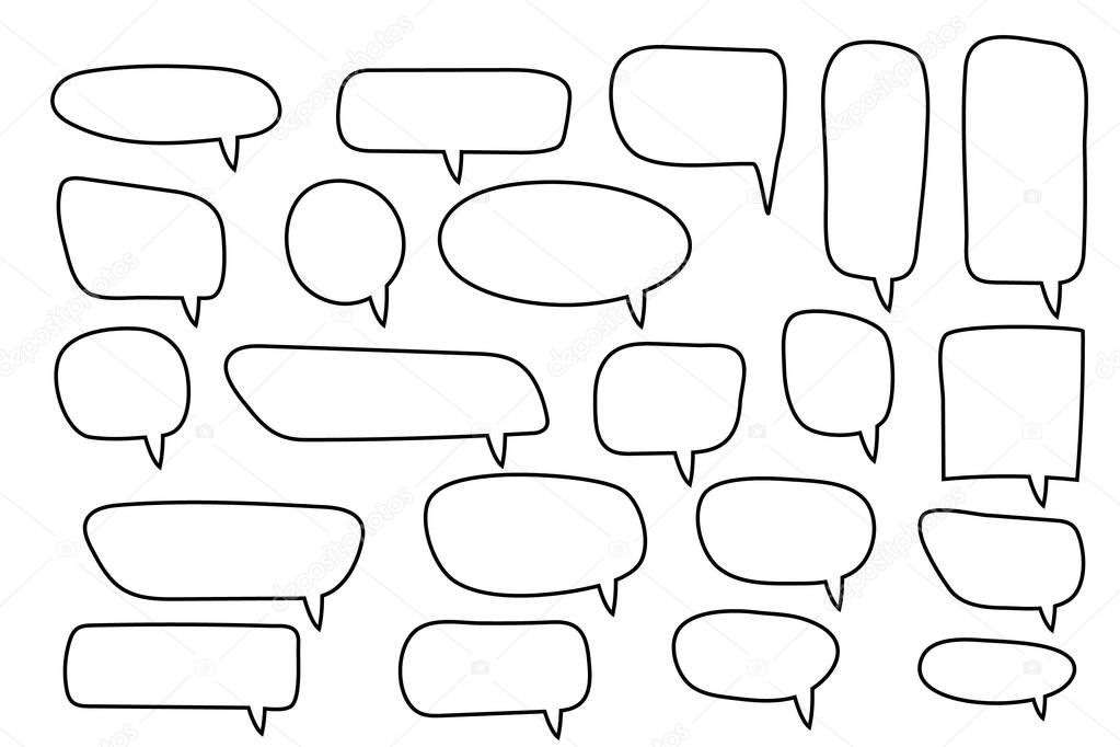 Vector speech bubbles set. Hand drawn speech bubbles set, doodle style, Blank empty vector speech bubbles. Cartoon outline balloon word design.