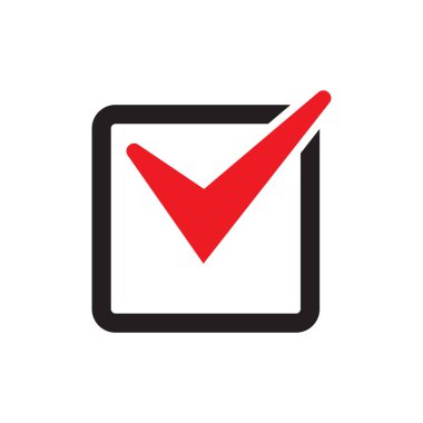 Kırmızı kene simgesi vektör sembolü, beyaz arka planda izole onay işareti, işaretli simge veya doğru seçim işareti, onay işareti veya onay kutusu piktogram