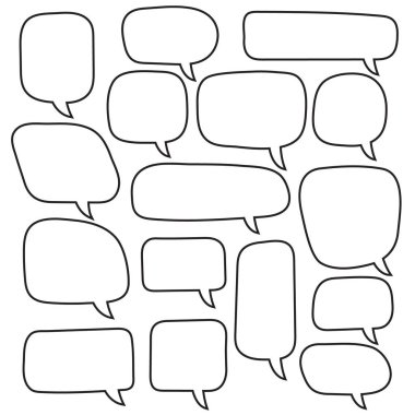 Vektör konuşma kabarcıkları ayarlayın. El çizilmiş konuşma kabarcıkları seti, doodle tarzı, Boş boş vektör konuşma kabarcıkları. Karikatür anahat balon kelime tasarımı.