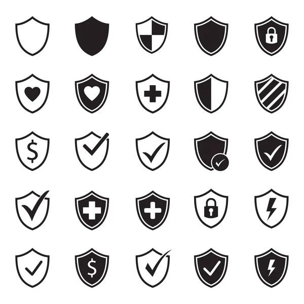 Vector Shield Protection Icon Set Black White — Stock Vector