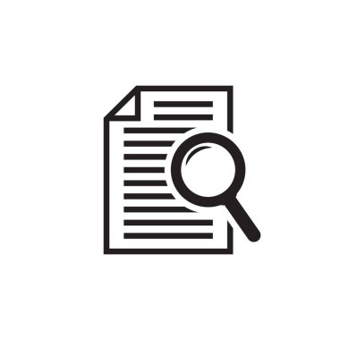 Dosya arama simgesi, belge araması, vektör izole edildi. Büyüteç ve büyüteç konsepti olan bir belge. Beyaz arkaplanda vektör illüstrasyonu.