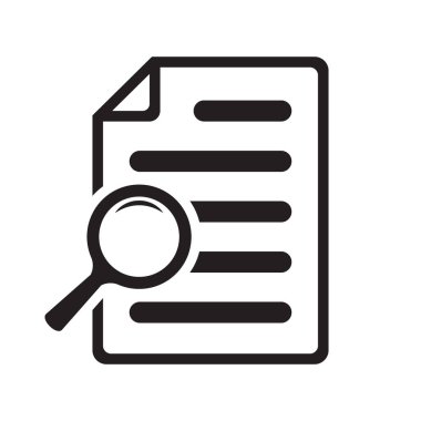 Dosya arama simgesi, belge araması, vektör izole edildi. Büyüteç loupe iş konseptine sahip belge.