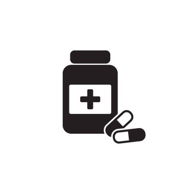 İlaç şişesi ve hapları. Siyah ve beyaz simgesi. Vektör çizim