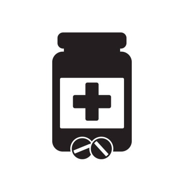 İlaç şişesi ve hapları. Siyah ve beyaz simgesi. Vektör çizim