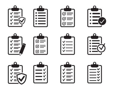 Kontrol listesi simgeleri, web sitesi ve uygulama tasarımı için sembol içeren pano kümesi. Vektör yanılsaması.