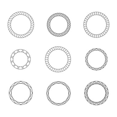 Süslü siyah klasik dairesel çerçeveler. Bir takım soyut siyah semboller. Retro pankart koleksiyonu. Bilgi ve metin için boş şablonları daire içine al.