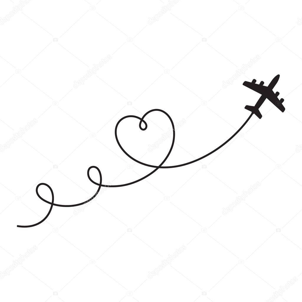 Airplane route vector illustration. Heart path trace isolated on white background.