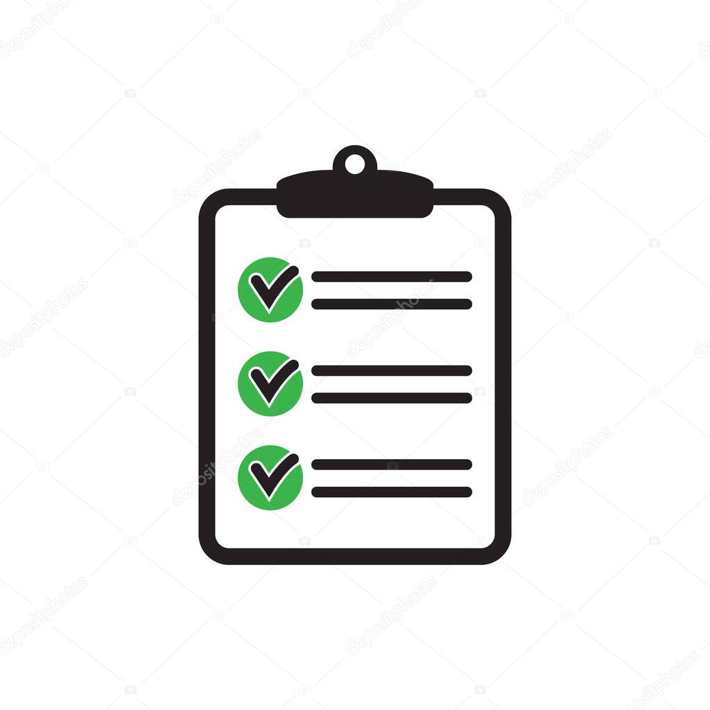 Clipboard with checklist icon for web with green check boxes isolated on white background.
