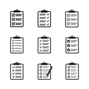 Kontrol listesi simgeleri, web sitesi ve uygulama tasarımı için sembol içeren pano kümesi. Vektör yanılsaması.