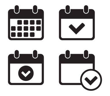 Takvim simgeleri ayarlandı. Üretkenlik tarihi anımsatıcı ve görev yönetimi için işaretleme simgesine sahip takvim. Keneli takvim.