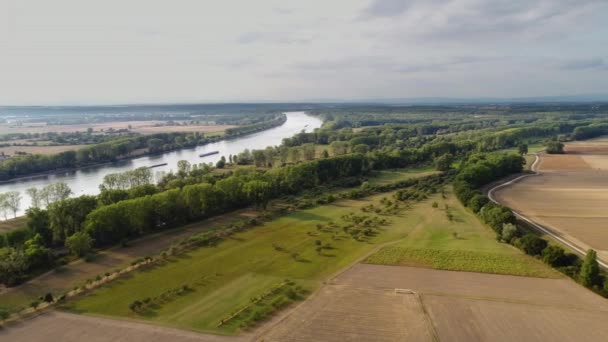 Панорамний Вид Річки Рейн Сільськогосподарської Площа Центральній Німеччині — стокове відео