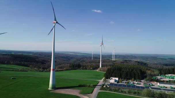 Wind Turbine Park Solar Collectors Aerial View — Stock Video