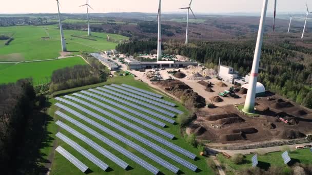 Wind Turbine Park Solar Collectors Aerial View — Stock Video