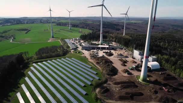 Wind Turbine Park Solar Collectors Aerial View — Stock Video