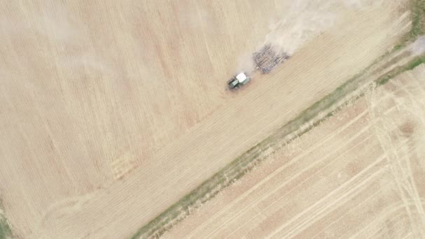 Harvesting Harrowing Agricultural Fields Aerial View Drone Footage — Stock Video