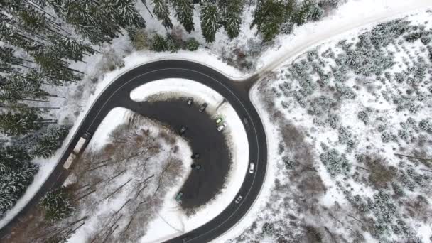 Straßenkurve Durch Winterlichen Wald Luftaufnahme — Stockvideo