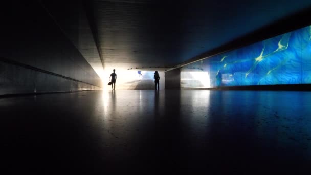 Slow Motion Unrecognisable Peoples Silhouettes Walking Front Blue Illuminated Glass — Stock Video