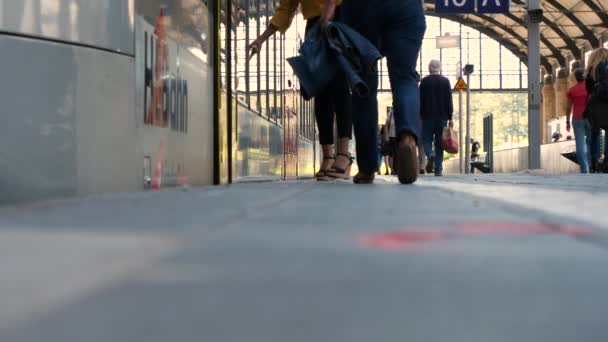 Wiesbaden Německo Září 2019 Pomalý Pohyb Cestujících Nástupišti Vlakovém Nádraží — Stock video