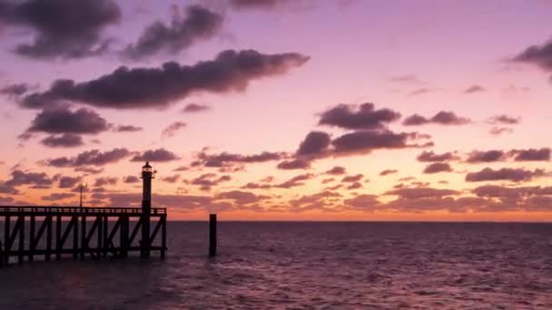 Pier Lighthouse Crepúsculo Mar Norte Bélgica — Vídeo de Stock