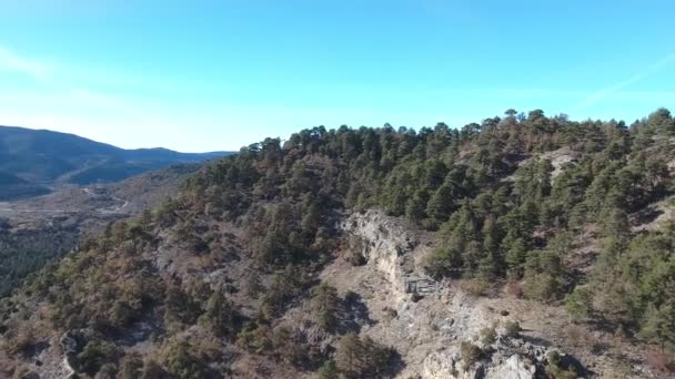 Montagnes et forêts d'Espagne d'un point de vue d'oiseau. Le drone survole la réserve dans l'est de l'Espagne. Autour des montagnes couvertes de forêts. Ciel bleu clair et paysage indescriptible . 