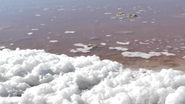 托雷维耶哈盐湖和盐泡沫在岸边 橙色的水 白色的泡沫和蓝色的天空 — 图库视频影像