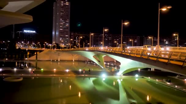 Город Искусств Наук Валенсии Испания Вечером Вечерние Огни Красного Зеленого — стоковое видео