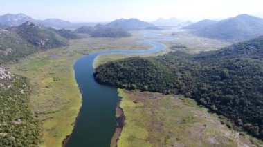 Havadan görünümü Crnojevic Nehri. küçük dağlar ve tepeler arasında nehir akar. Bu tamamen yeşil çekici ile büyümüş.