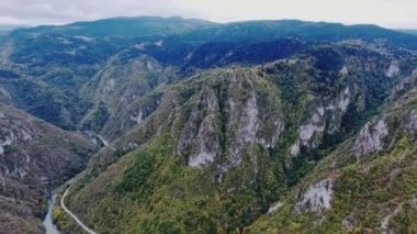 Nehrin Tara Karadağ ile bir bird's-eye Kanyonu. Dron yol boyunca dağlar ve Nehri arasında uçuyor. Beyaz taştan kayalarla çevrili iki yanda ağaçları ile büyümüş. Dağ nehir türbülanslı akım akar. Dzhurdzhevich Köprüsü