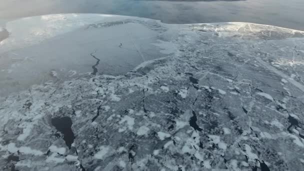从鸟的角度拍摄的第聂伯河 卡涅夫市附近的 Cherkasy 融化和分裂的冰 沿着海岸生长针叶林 — 图库视频影像