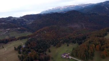 Kuşlar Transilvanya dağlarının görünümü göz. Kepek şehir. Dağlık eski binalar üzerinde casus uçak uçar. Açık gökyüzü. Evlerin vadilerde yer alır ve tüm aynı tarzda inşa edilir. Çevresinde yeşil çayır ve orman.