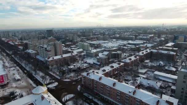 Cidade Inverno Neve Com Vista Para Olhos Pássaro Zangão Retira — Vídeo de Stock