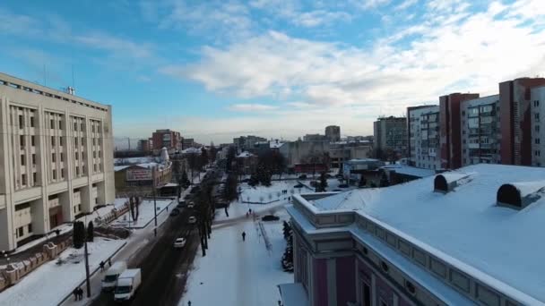 Зимний Город Снегу Высоты Птичьего Полета Беспилотник Снимает Высоты Провинциальный — стоковое видео