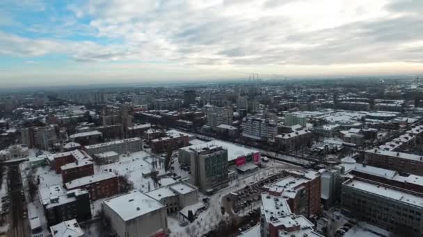 Cidade Inverno Neve Com Vista Para Olhos Pássaro Zangão Retira — Vídeo de Stock