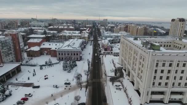 Winter City Snow Bird Eye View Drone Removes Height Provincial — Stock Video