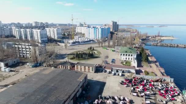 Rivier Ladingresiduen Vogelvlucht Bekijken Van Poort Cherkassy Oekraïne Drone Schiet — Stockvideo