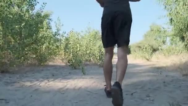 Athlete Jogging Park Young Guy Training Runs Sand — Stock Video