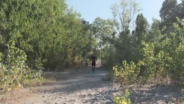 공원에서 조깅하는 훈련의 남자가 모래를 — 비디오