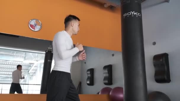 Ένας Νεαρός Ασιάτης Προπονείτε Στο Γυμναστήριο Του Μποξ Αθλητής Κλωτσάει — Αρχείο Βίντεο