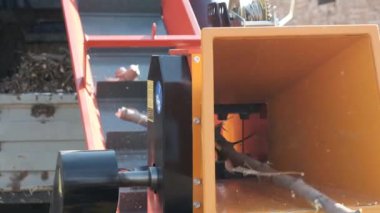 Kalın dalları kesen otomatik bir helikopter. Nakliye araçlarına otomatik malzeme sağlayan Crusher dalları. Yavaş çekim.