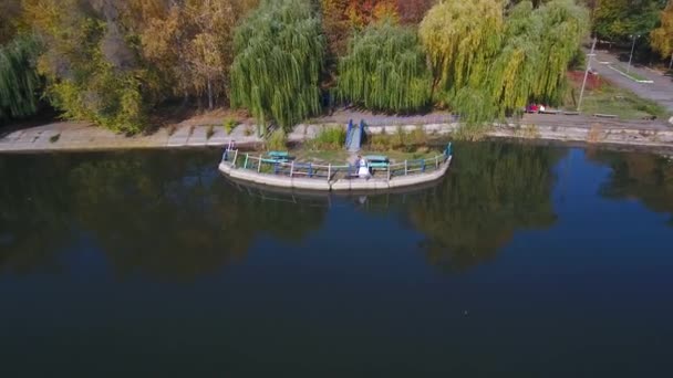 Recém Casados Perto Lago Outono Drone Atira Par Jovens Amantes — Vídeo de Stock