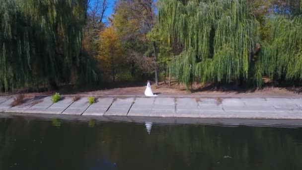 Pasgetrouwden Bij Het Meer Herfst Een Drone Schiet Een Paar — Stockvideo