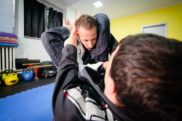 Brazilian Jiu Jitsu Bjj Training Sparing Two Athletes Triangle Submission — Stock Photo, Image