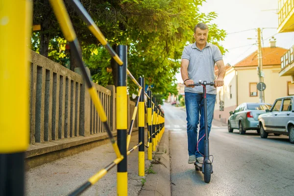 Senior Man Riding Driving Electric Kick Push Scooter Summer Day — Stock Photo, Image