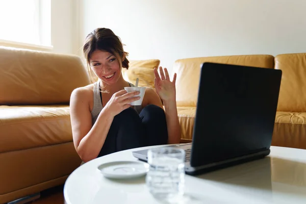 Young Adult Female Caucasian Woman Sitting Sofa Bed Home Using — Stock Photo, Image