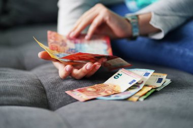 Avro ve CHF banknotları sayan kadın aile bütçesi tasarrufu maaşı