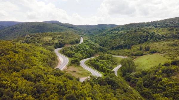 Vista Aérea Dron Imagen Asfalto Con Curvas Carretera Montaña Con — Foto de Stock